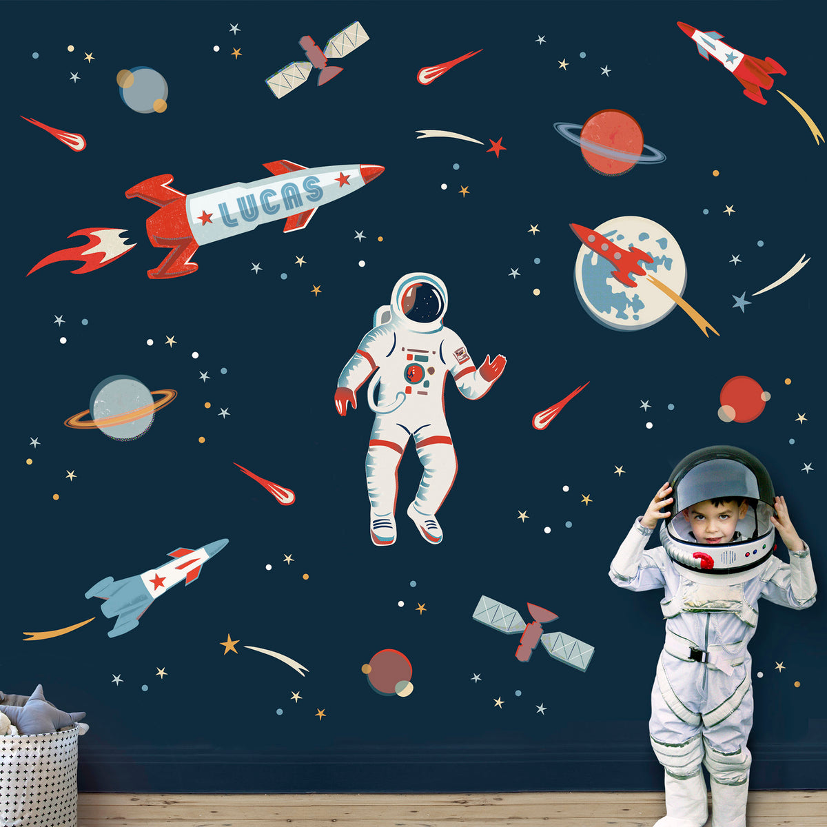 Personalized Astronaut and Space Rockets Wall Sticker