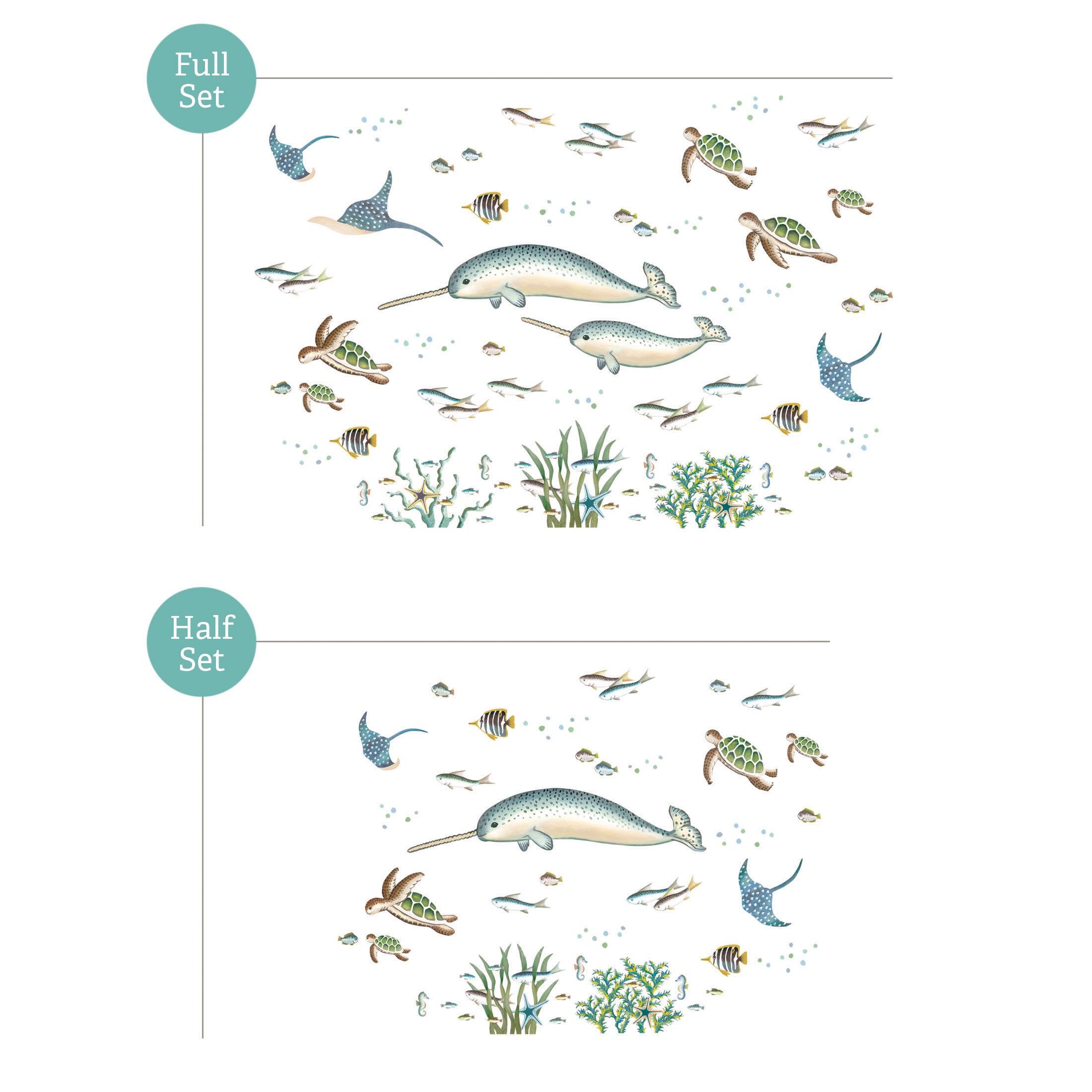 Narwhal, Sea Turtle and Fish ~ Ocean Scene Fabric Wall Sticker 