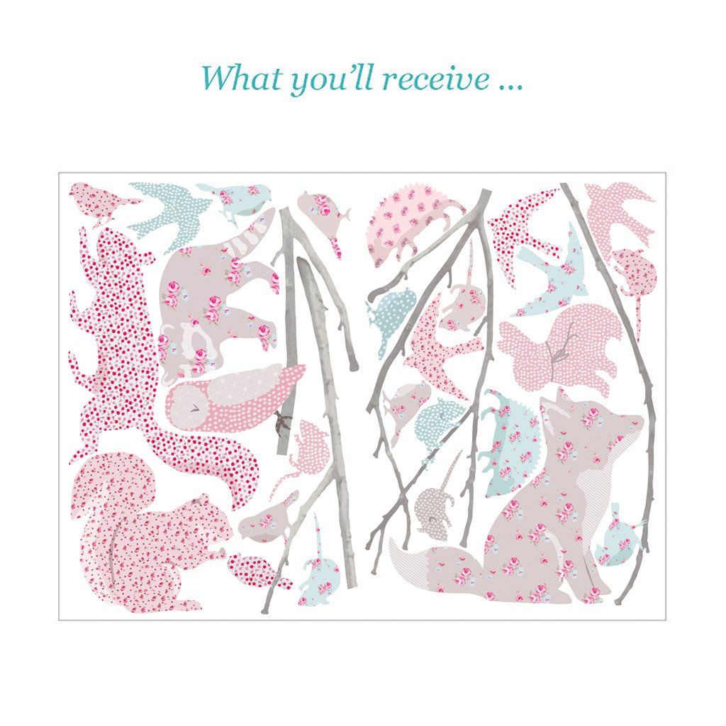 Wandaufkleber „Waldtiere auf Ast“ im Vintage-Blumenmuster 